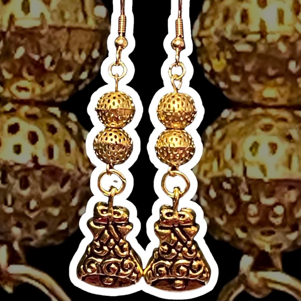 Hand Crafted Earrings Bells Christmas Xmas Gold Balls Handmade Jewelry Pierced - Picture 3 of 6